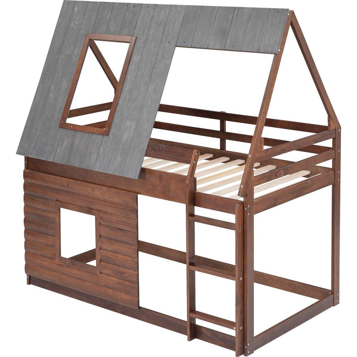 Wood Twin Size House Bunk Bed with Roof, Ladder and 2 Windows, Oak & Smoky Grey