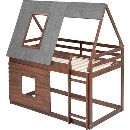 Wood Twin Size House Bunk Bed with Roof, Ladder and 2 Windows, Oak & Smoky Grey