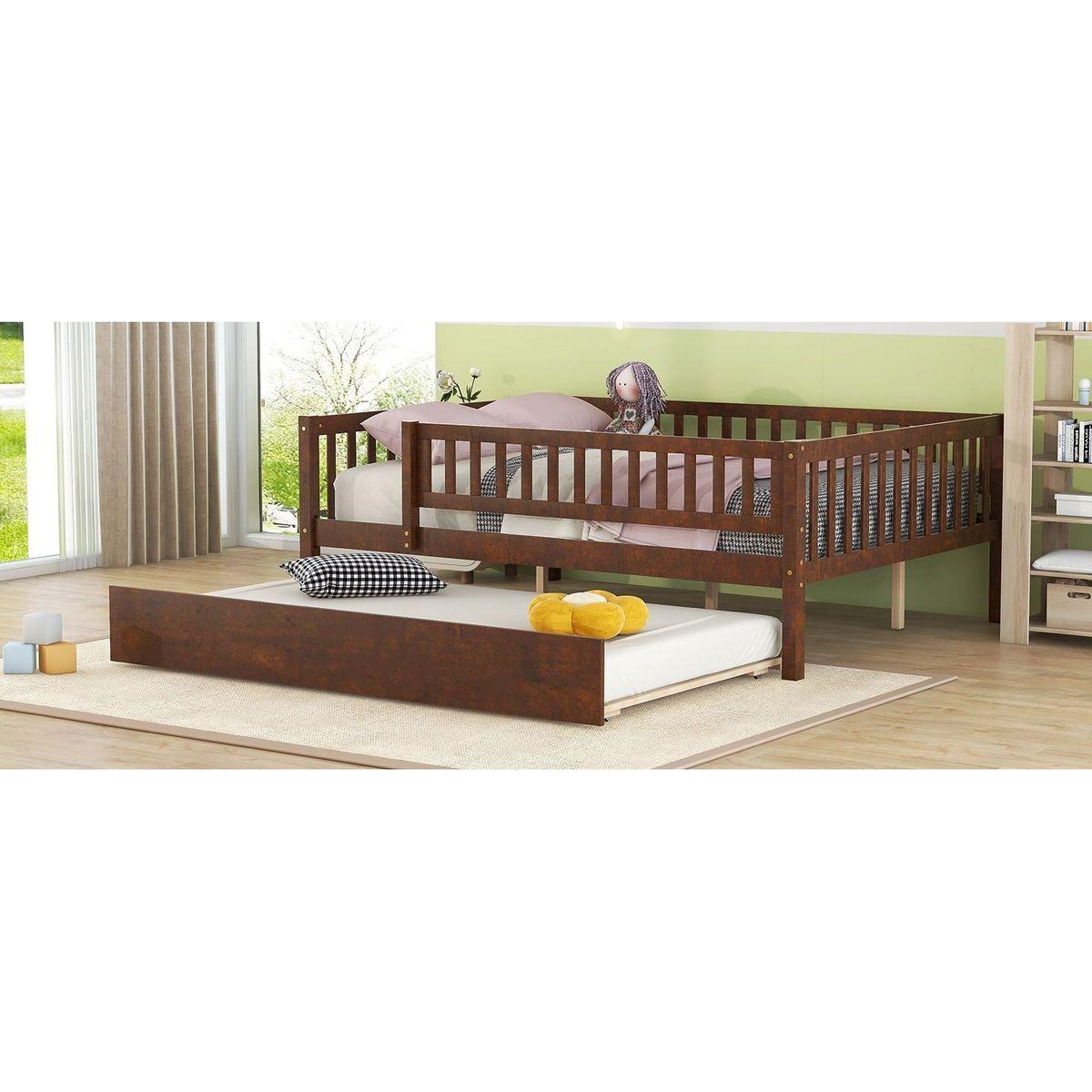Full Size Wood Daybed with Trundle and Fence Guardrails, Walnut