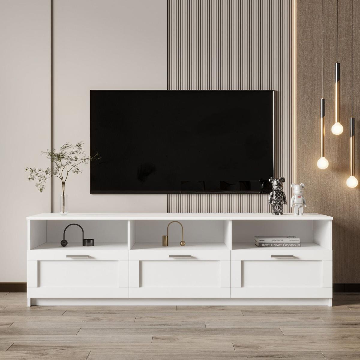 White modern minimalist TV cabinet 80 inch TV stand, open locker Living Room Bedroom