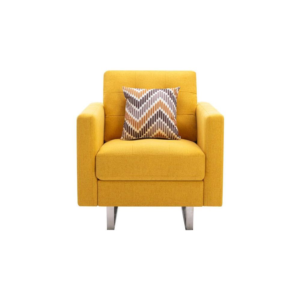 Victoria Yellow Linen Fabric Armchair with Metal Legs, Side Pockets, and Pillow