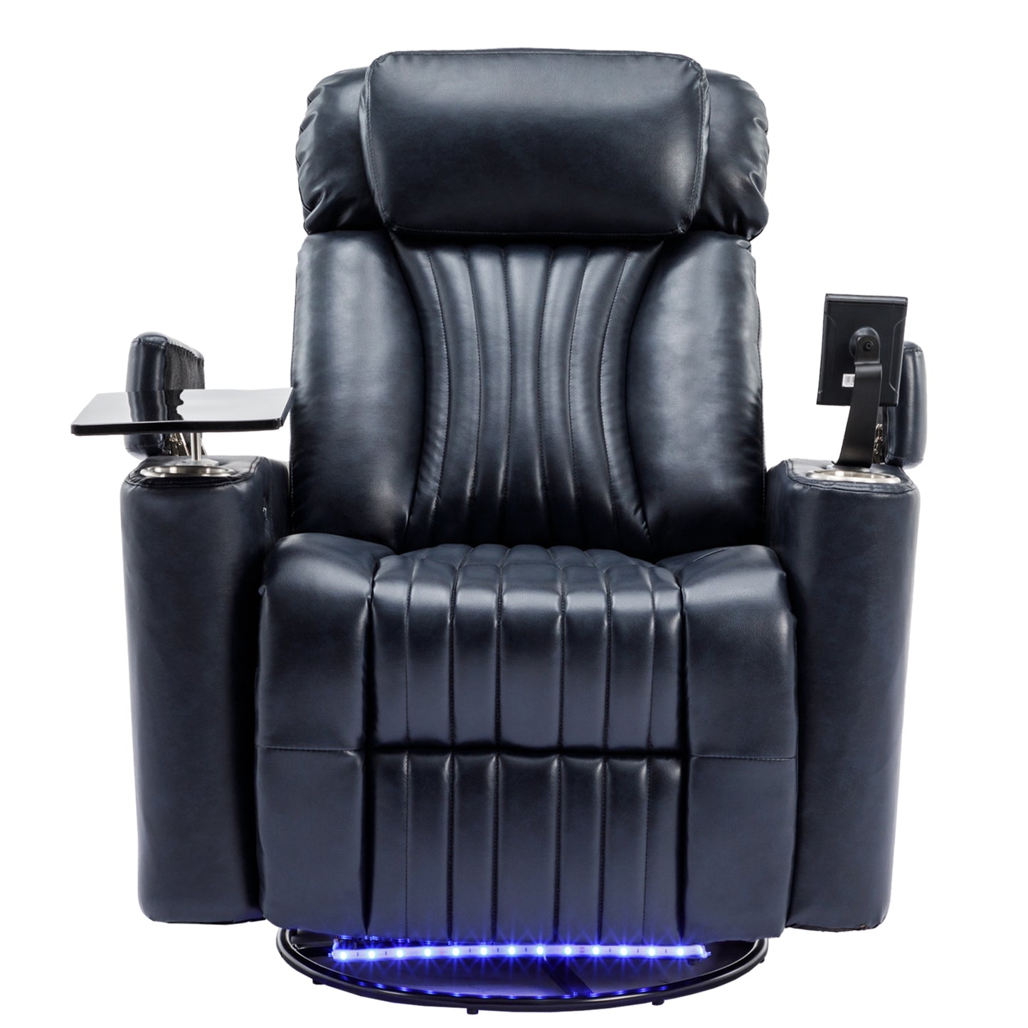 270 degree Power Swivel Recliner, Home Theater Seating With Hidden Arm Storage and LED Light Strip, Cup Holder, 360 degree Swivel Tray Table, and Cell Phone Holder, Soft Living Room Chair, Blue