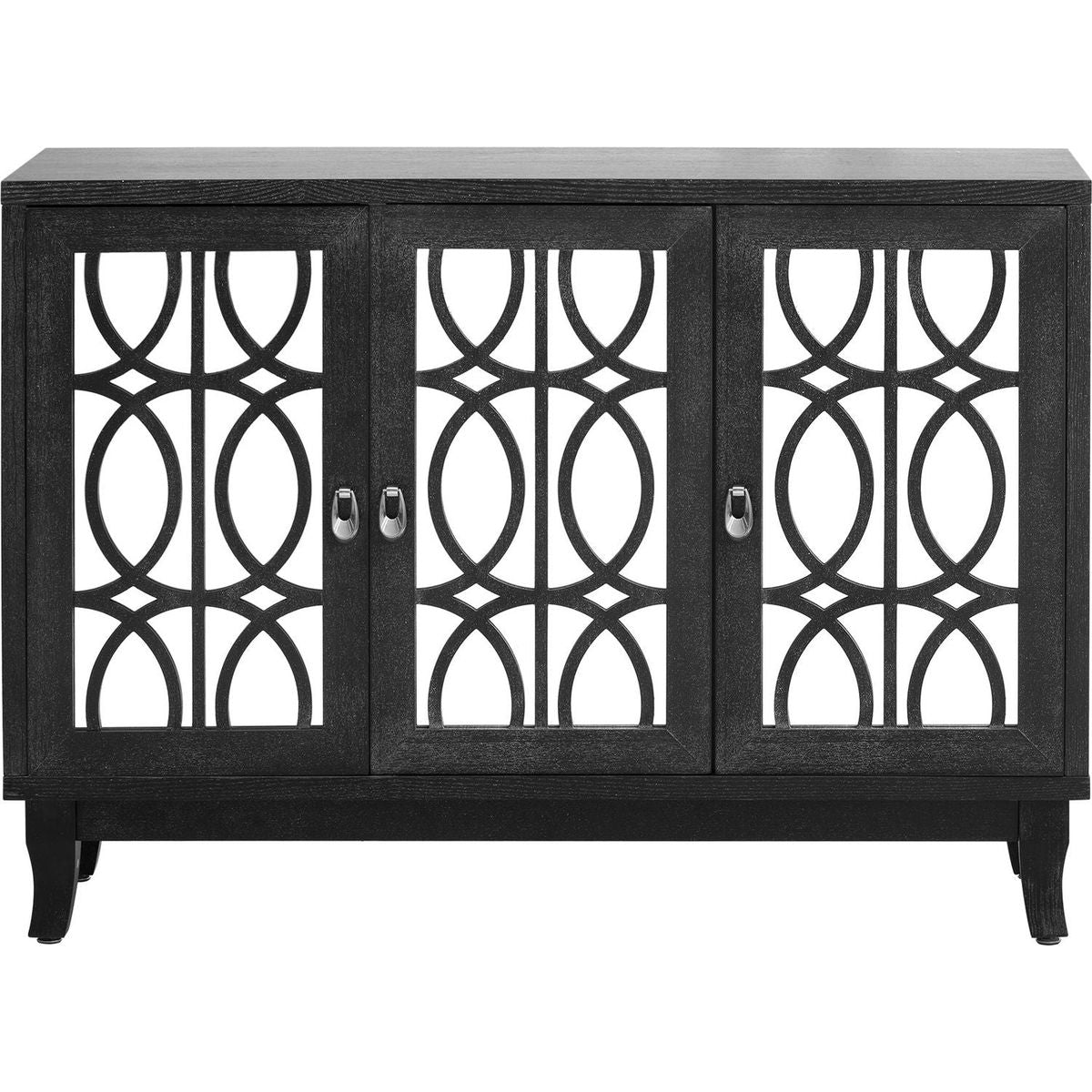 Sideboard with Glass Doors, 3 Door Mirrored Buffet Cabinet with Silver Handle for Living Room, Hallway, Dining Room (Black)