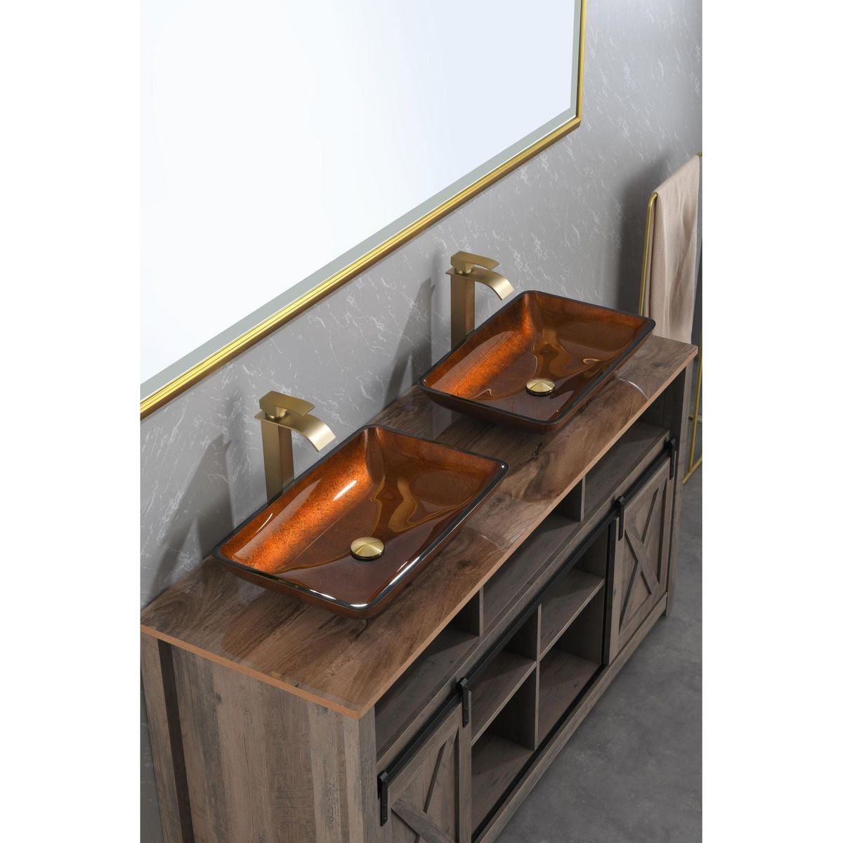 22.5" L -L -14.5" W -4 1/2 in. Handmade Glass Rectangle Vessel Bathroom Sink Set in Rich Chocolate Brown Finish with gold Faucet and gold Pop Up Drain