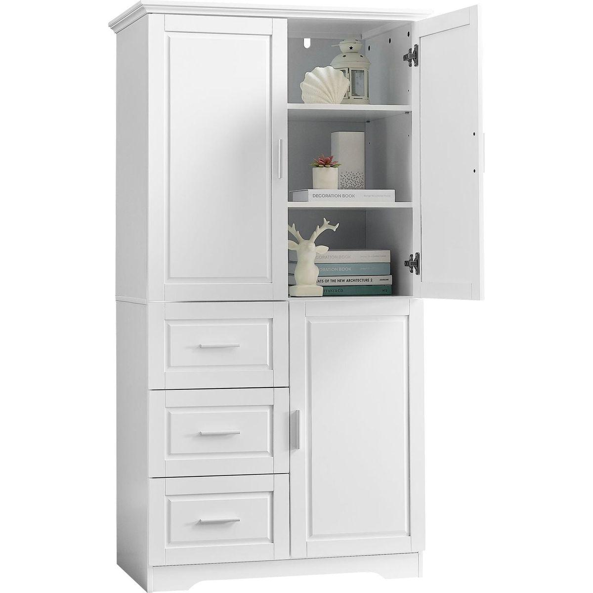 Tall and Wide Storage Cabinet with Doors for Bathroom/Office, Three Drawers, White