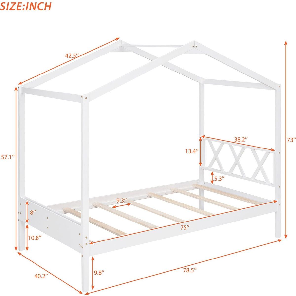 Twin Size Wood House Bed with Storage Space, White