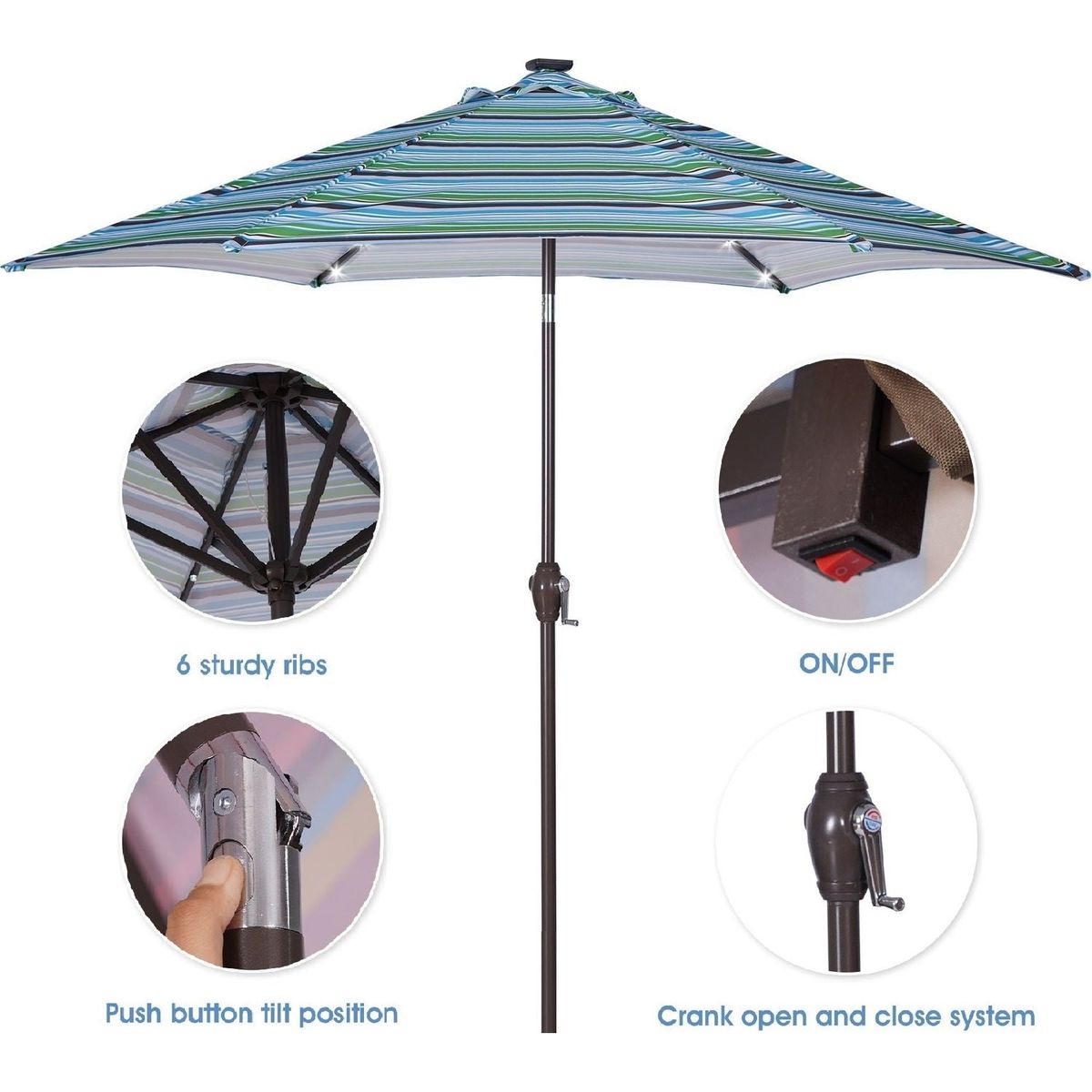 Outdoor Patio 8.7-Feet Market Table Umbrella with Push Button Tilt and Crank, Blue Stripes With 24 LED Lights[Umbrella Base is not Included]