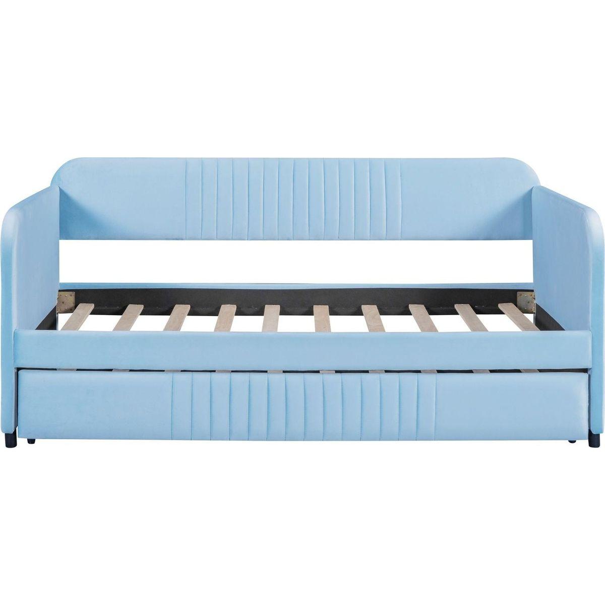 Upholstered Daybed Sofa Bed Twin Size With Trundle Bed and Wood Slat, Light Blue