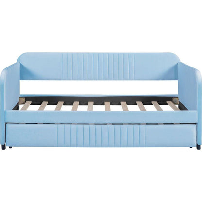 Upholstered Daybed Sofa Bed Twin Size With Trundle Bed and Wood Slat, Light Blue