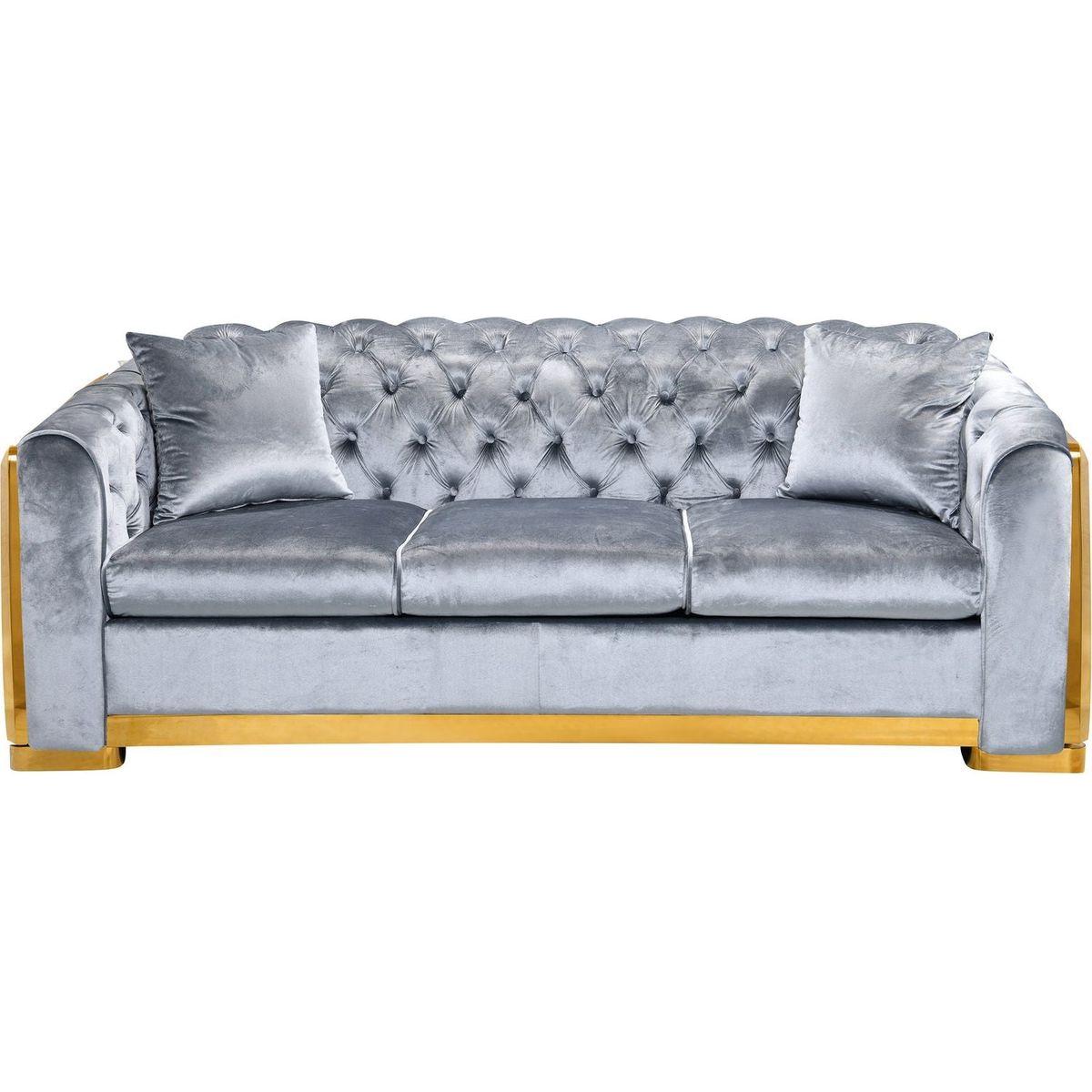 Velvet Luxury Chesterfield Sofa Set, 84 Inches Tufted 3 Seat Couch with Gold Stainless for Living Room, Grey Fabric
