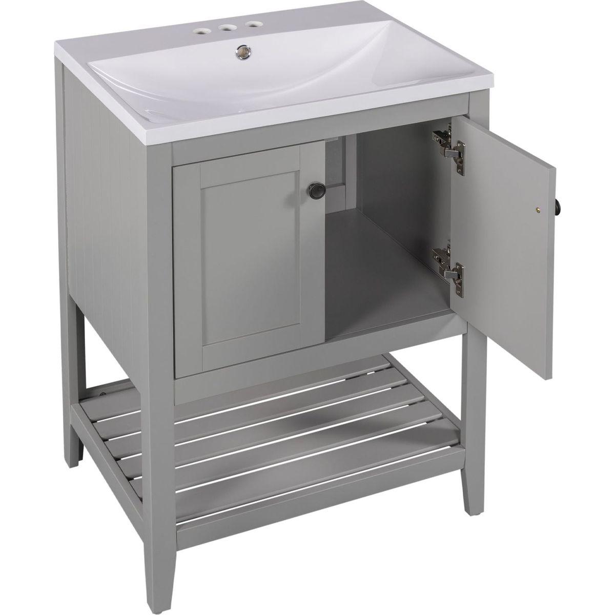 24" Grey Modern Sleek Bathroom Vanity Elegant Ceramic Sink with Solid Wood Frame Open Style Shelf