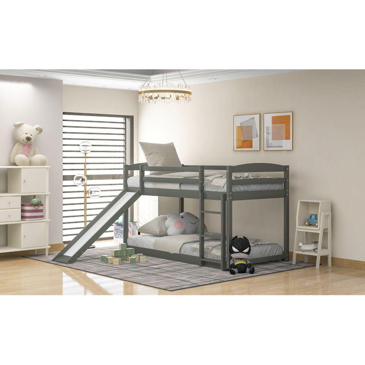 Twin over Twin Bunk Bed with Convertible Slide and Ladder, Gray