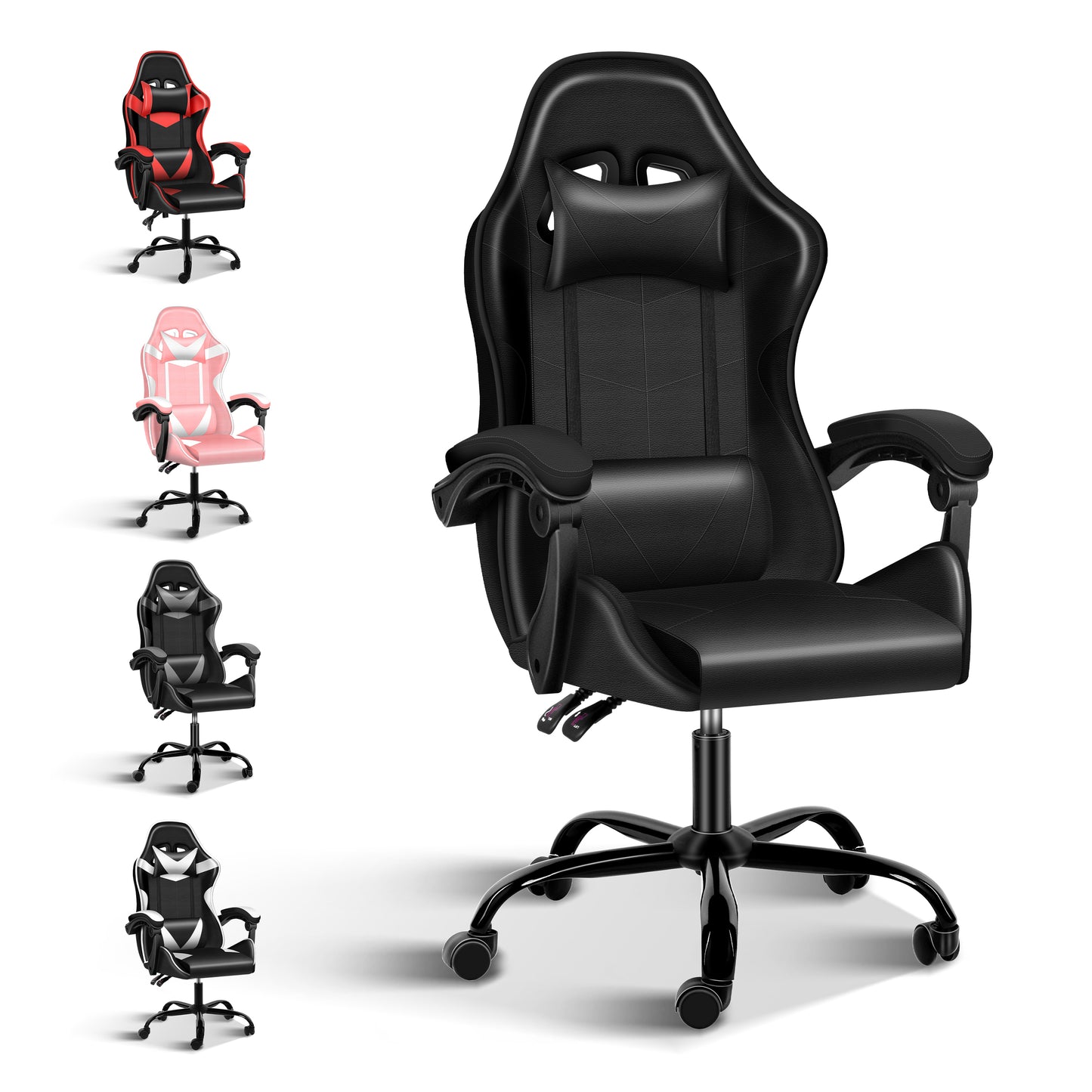 Racing Video Backrest and Seat Height Recliner Gaming Office High Back Computer Ergonomic Adjustable Swivel Chair, Without footrest, Black