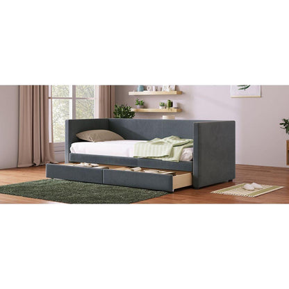 Twin Size Corduroy Daybed with Two Drawers and Wood Slat, Gray