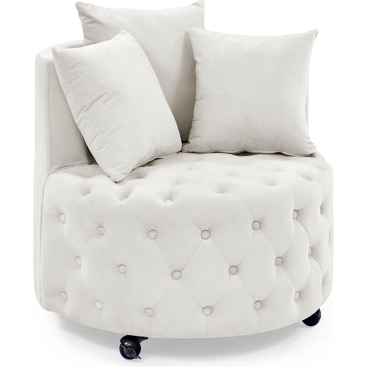 Velvet Upholstered Swivel Chair for Living Room, with Button Tufted Design and Movable Wheels, Including 3 Pillows, Beige