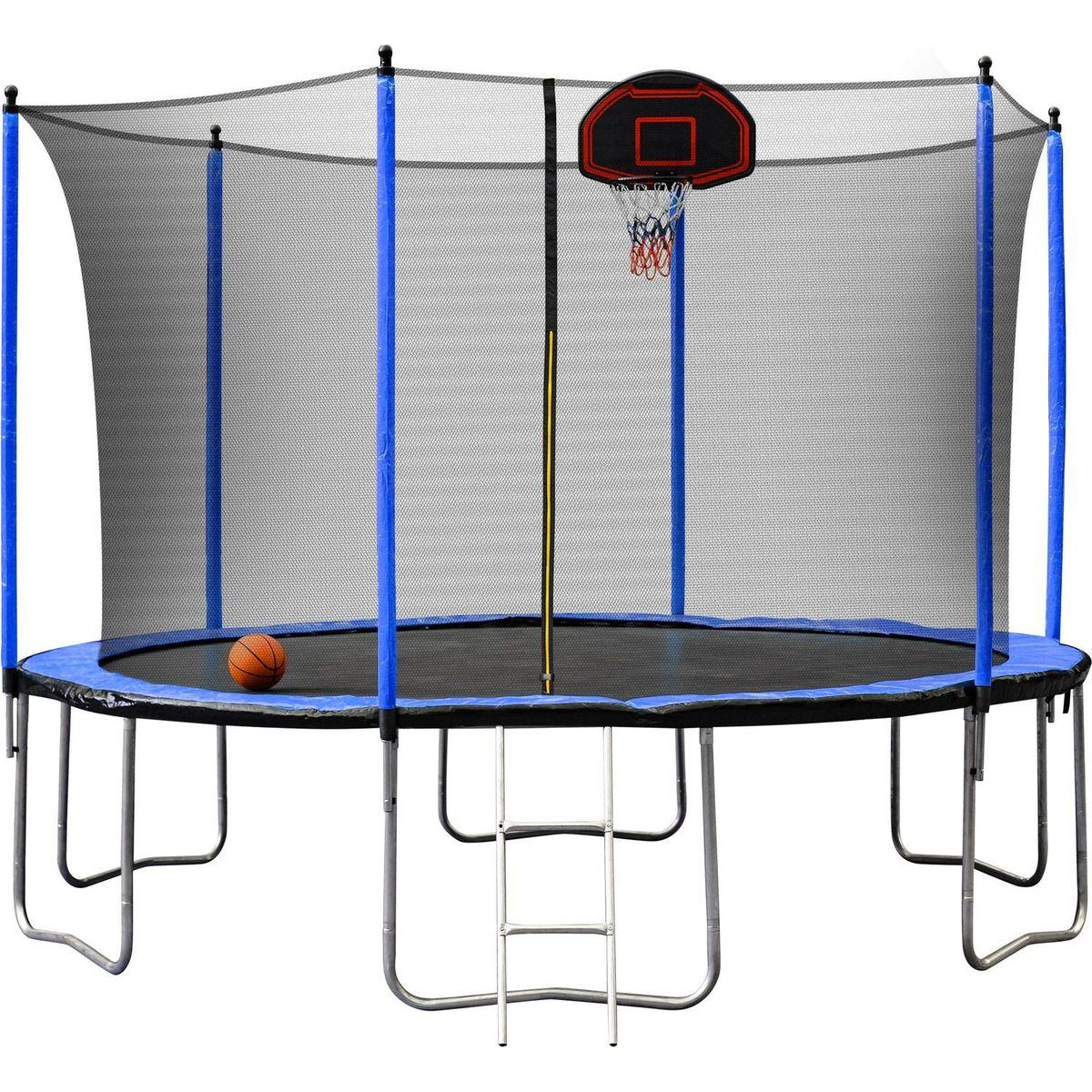 15FT Trampoline with Basketball Hoop Inflator and Ladder (Inner Safety Enclosure) Blue
