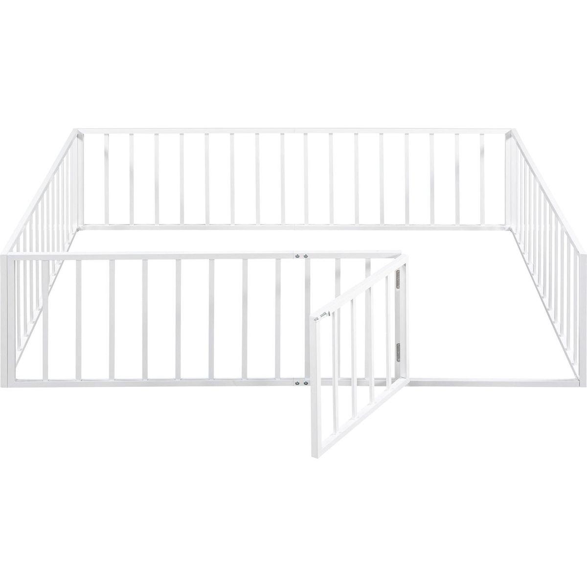 Queen Size Metal Floor Bed Frame with Fence and Door, White