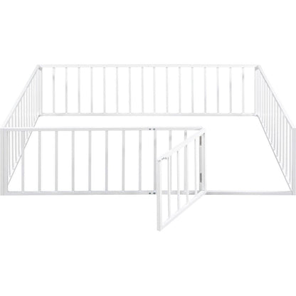 Queen Size Metal Floor Bed Frame with Fence and Door, White