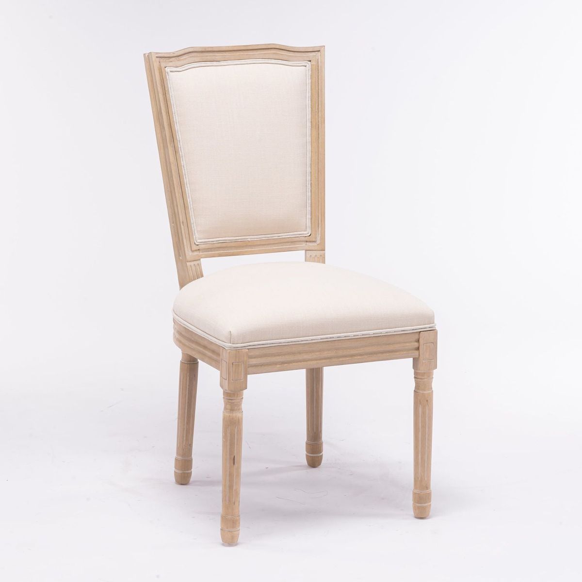 French Style Solid Wood Frame Antique Painting Linen Fabric Square Rattan Back Dining Chair, Set of 2, Cream