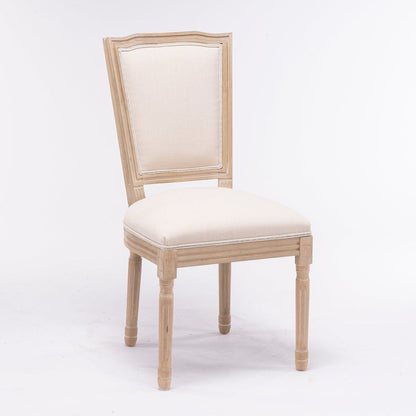 French Style Solid Wood Frame Antique Painting Linen Fabric Square Rattan Back Dining Chair, Set of 2, Cream