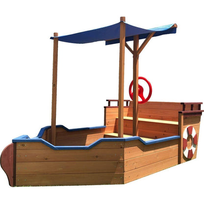 Pirate Ship Sandbox with Cover and Rudder, Wooden Sandbox with Storage Bench and Seat, Outdoor Toy for Kids Ages 3-8 Years Old