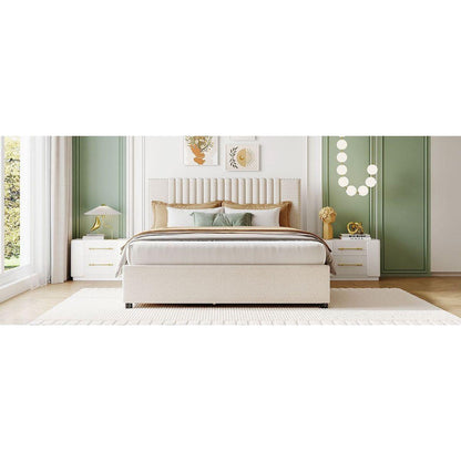Queen Size Upholstered Platform Bed with 2 Drawers and 1 Twin XL Trundle, Classic Headboard Design, Beige