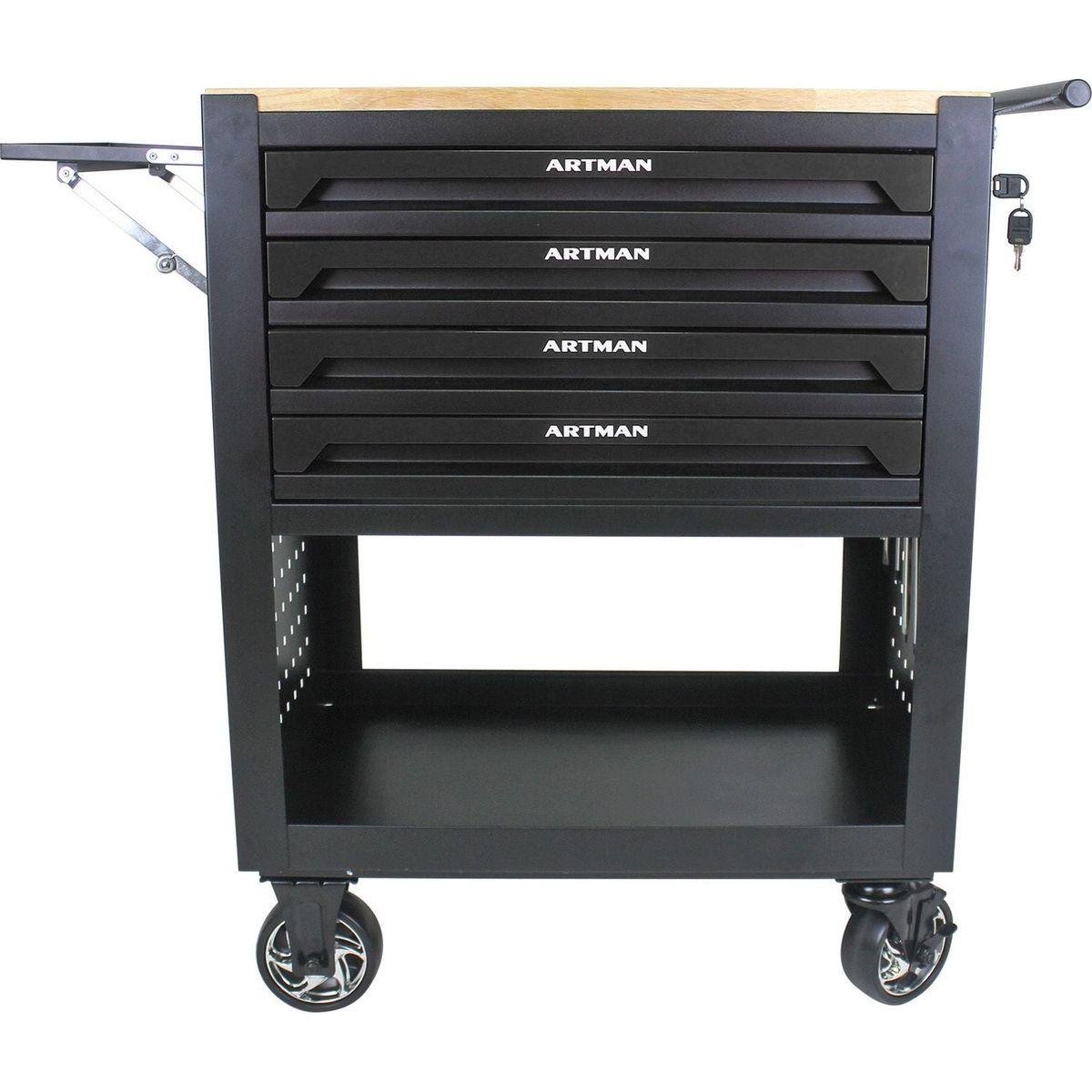 4 DRAWERS MULTIFUNCTIONAL TOOL CART WITH WHEELS AND WOODEN TOP-BLACK