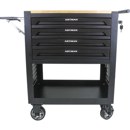 4 DRAWERS MULTIFUNCTIONAL TOOL CART WITH WHEELS AND WOODEN TOP-BLACK