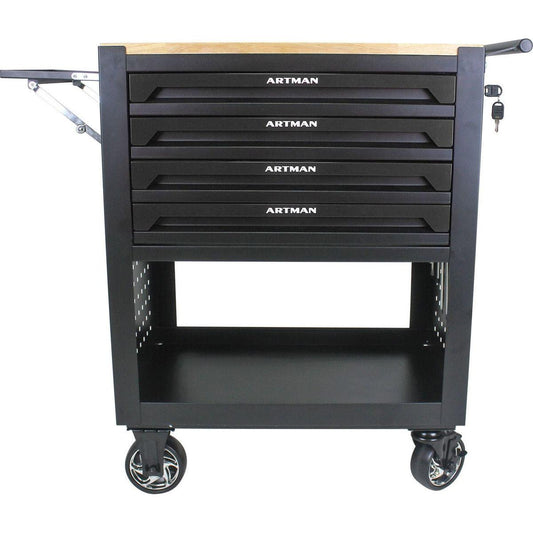 4 DRAWERS MULTIFUNCTIONAL TOOL CART WITH WHEELS AND WOODEN TOP-BLACK