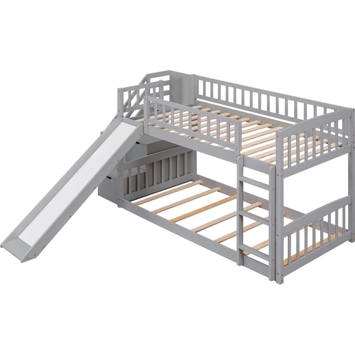 Stairway Twin over Twin Bunk Bed with Two Drawers and Slide, Gray