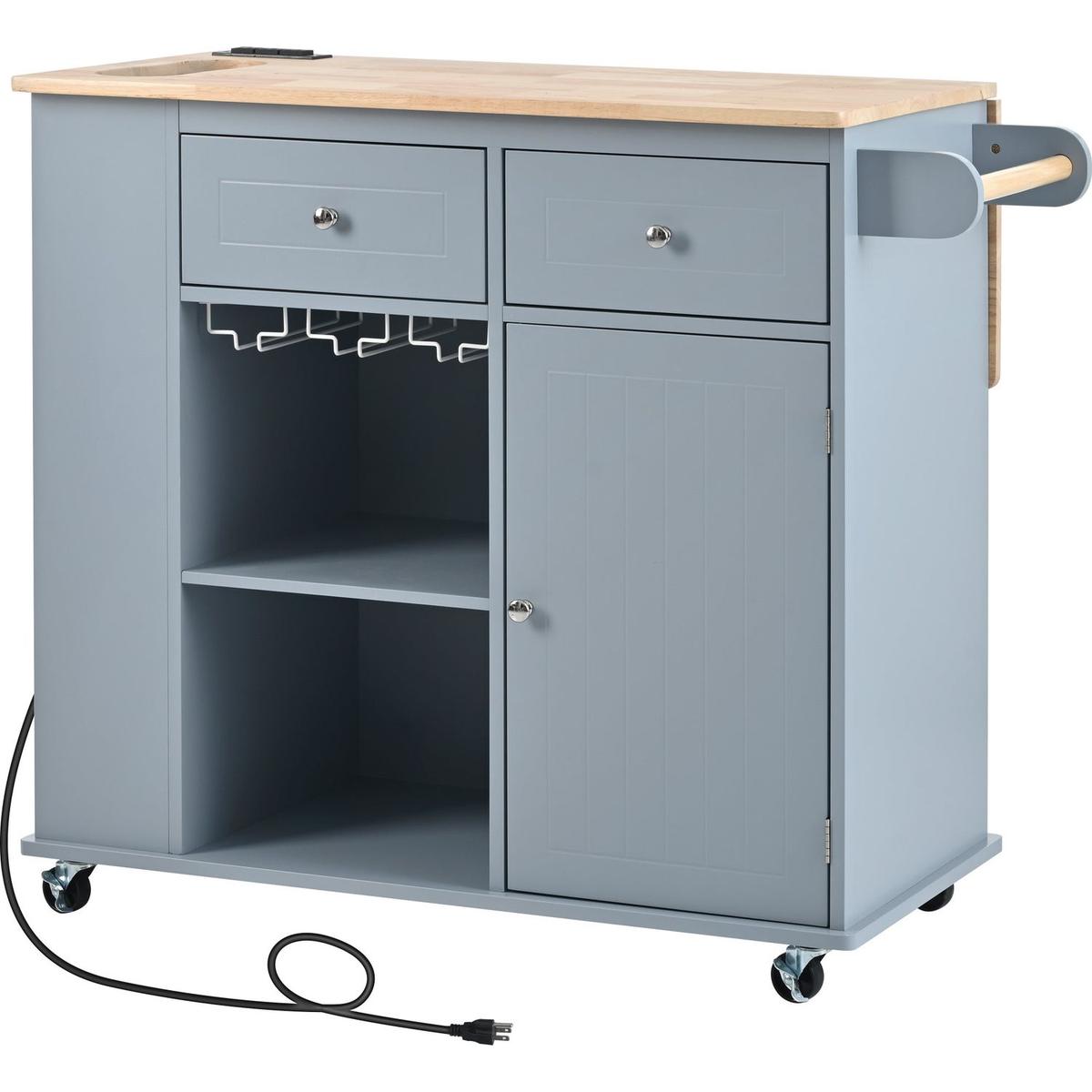 Kitchen Island with Power Outlet,Kitchen Storage Island with Drop Leaf and Rubber Wood,Open Storage and Wine Rack,5 Wheels,with Adjustable Storage for Home, Kitchen, and Dining Room, Grey Blue