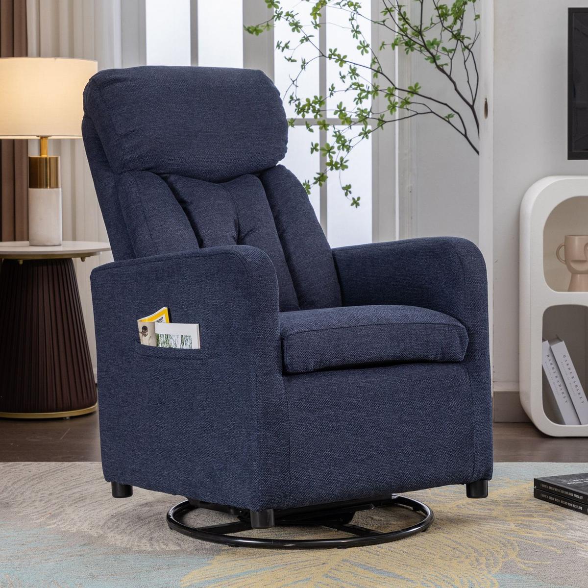 Linen Fabric Swivel Rocking Chair Gilder Chair With Pocket,Navy Blue