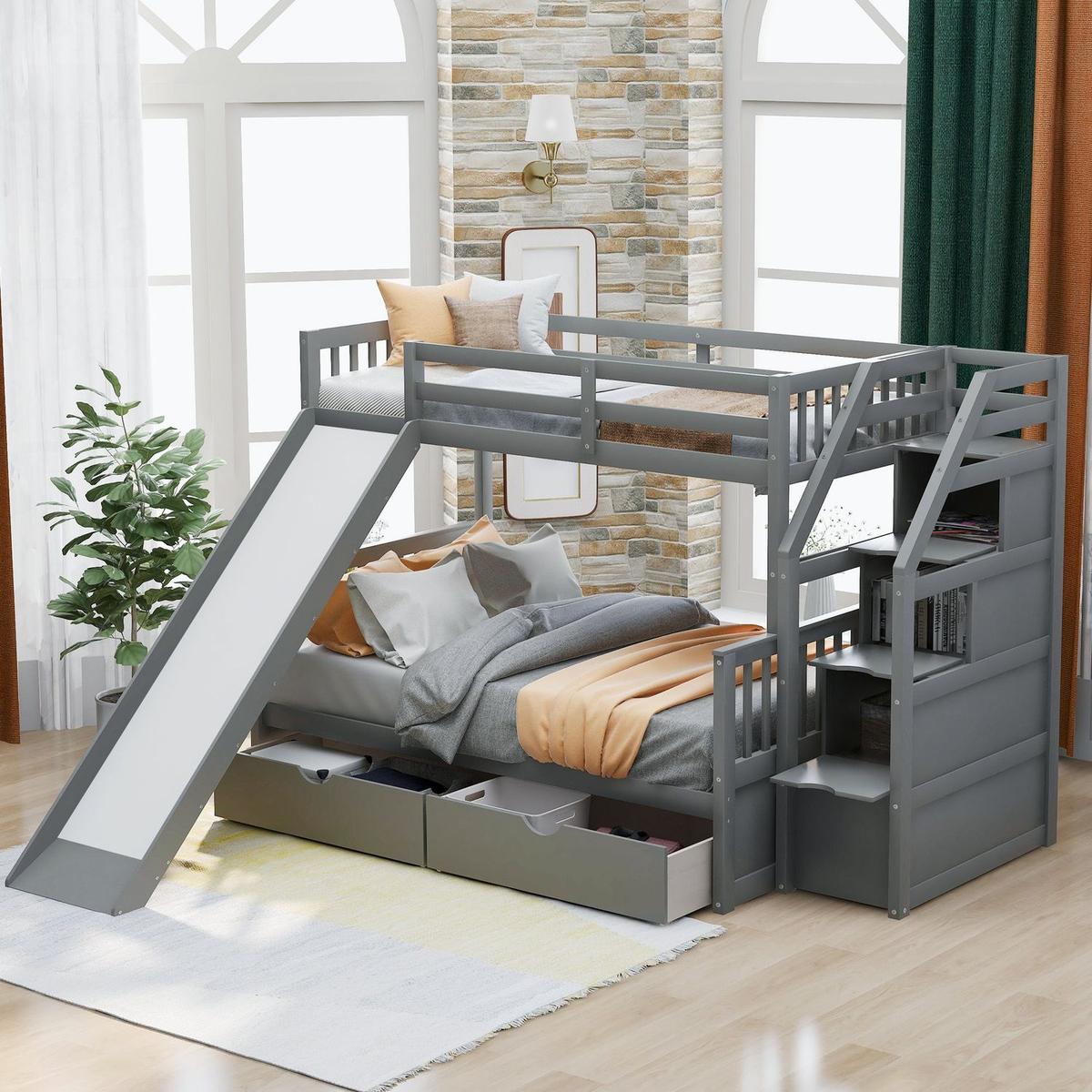 Twin over Full Bunk Bed with Drawers, Storage and Slide, Multifunction, Gray