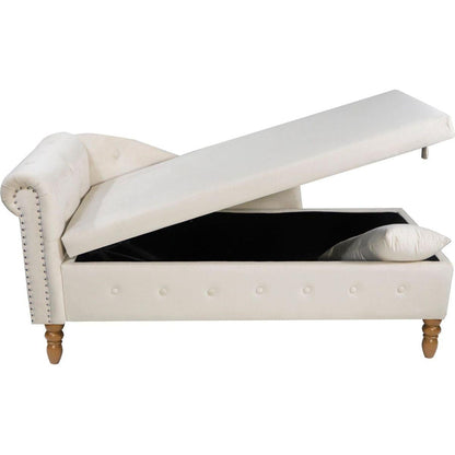 Beige Chaise Lounge Indoor, Velvet Lounge Chair for Bedroom with Storage & Pillow, Modern Upholstered Rolled Arm Chase Lounge for Sleeping with Nailhead Trim for Living Room Bedroom Office