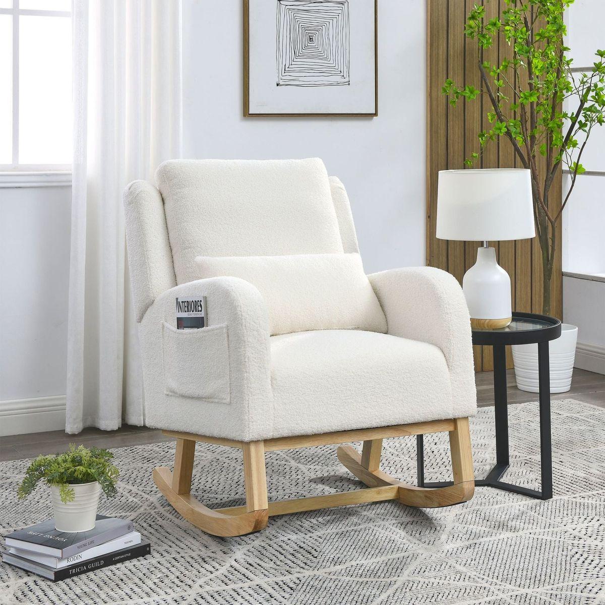 27.5" W Modern Accent High Back Living Room Casual Armchair Rocker with One Lumbar Pillow, Two Side Pockets, Teddy.