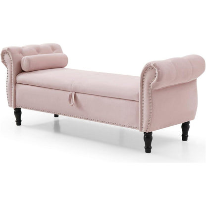 63" Velvet Multifunctional Storage Rectangular Sofa Stool Buttons Tufted Nailhead Trimmed Solid Wood Legs with 1 Pillow, Light Pink