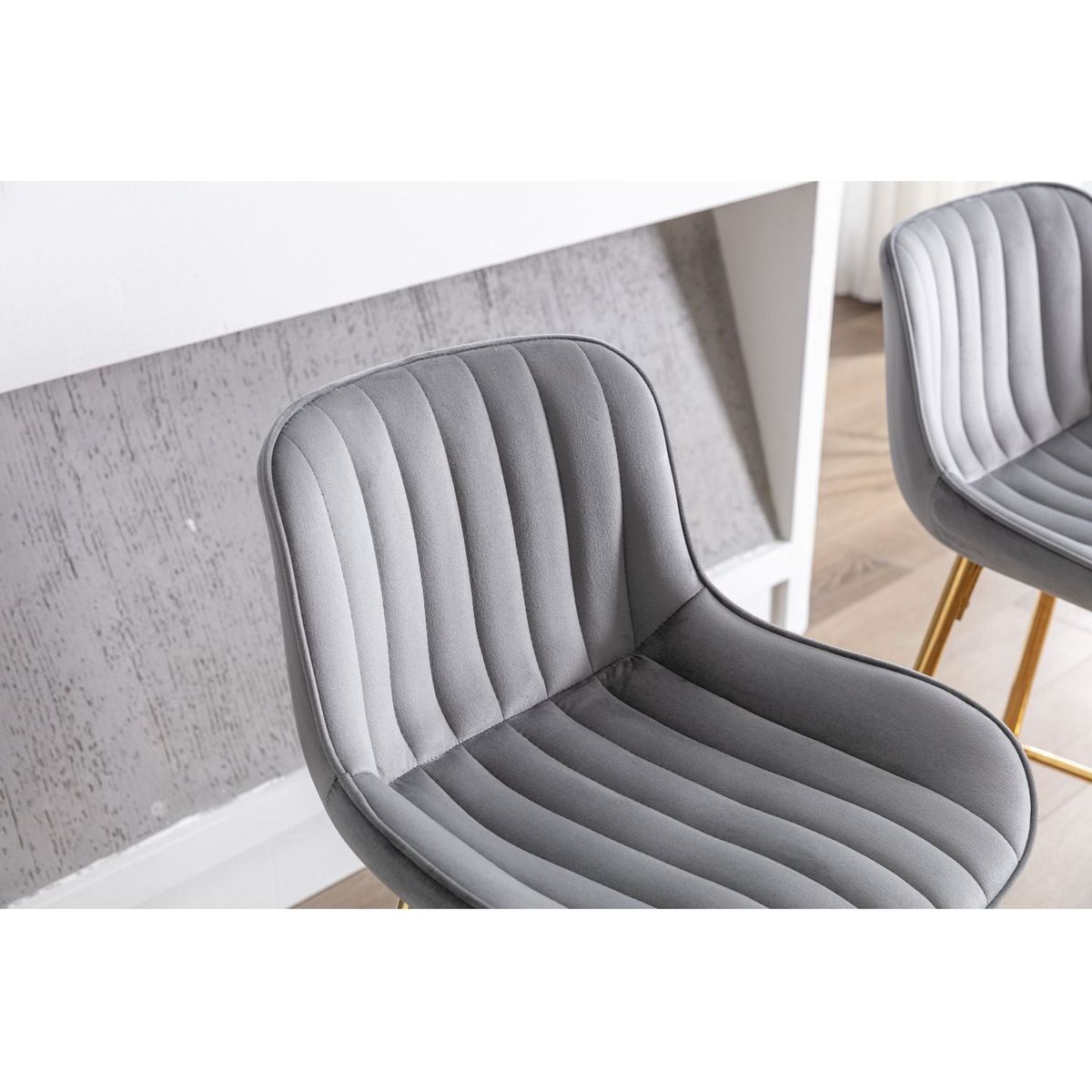 30 inch Set of 2 Bar Stools, with Chrome Footrest Velvet Fabric Counter Stool Golden Leg Simple High Bar Stool, GRAY - Streamdale Furniture