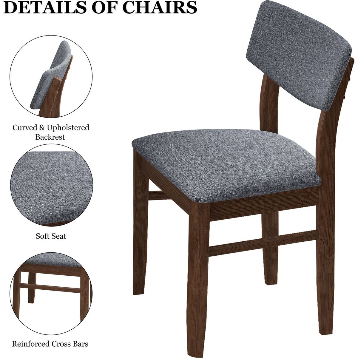 2 PCS Dining Chairs Fabric Cushion Retro Upholstered Chairs Solid Rubber Wood for Kitchen Dining Room Small Space Grey Walnut Color