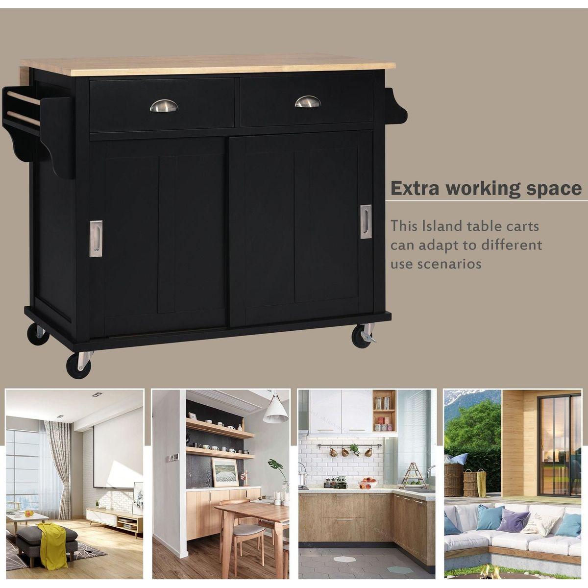 Kitchen Cart with Rubber wood Drop-Leaf Countertop, Concealed sliding barn door adjustable height, Kitchen Island on 4 Wheels with Storage Cabinet and 2 Drawers, L52.2xW30.5xH36.6 inch, Black