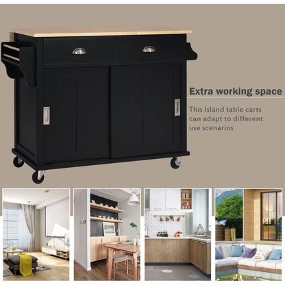 Kitchen Cart with Rubber wood Drop-Leaf Countertop, Concealed sliding barn door adjustable height, Kitchen Island on 4 Wheels with Storage Cabinet and 2 Drawers, L52.2xW30.5xH36.6 inch, Black