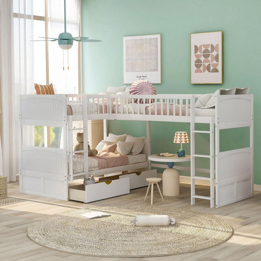 Twin Size Bunk Bed with a Loft Bed attached, with Two Drawers, White - Streamdale Furniture
