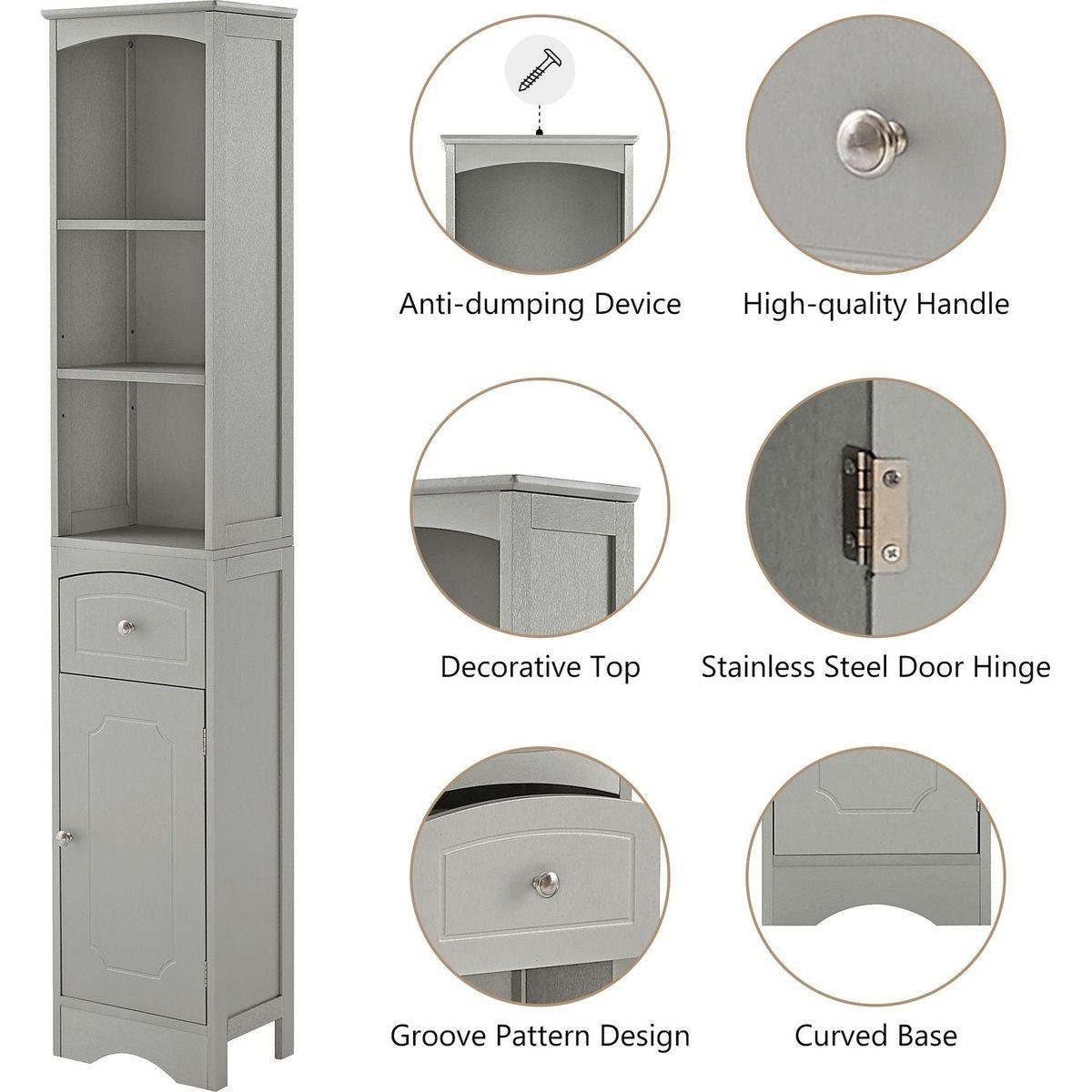 Tall Bathroom Cabinet, Freestanding Storage Cabinet with Drawer, MDF Board, Adjustable Shelf, Grey