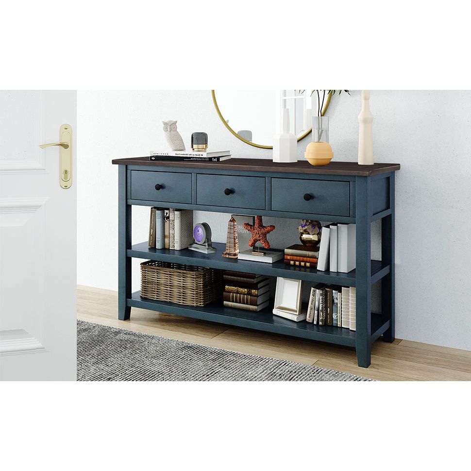 Retro Design Console Table with Two Open Shelves, Pine Solid Wood Frame and Legs for Living Room (Navy) - Streamdale Furniture