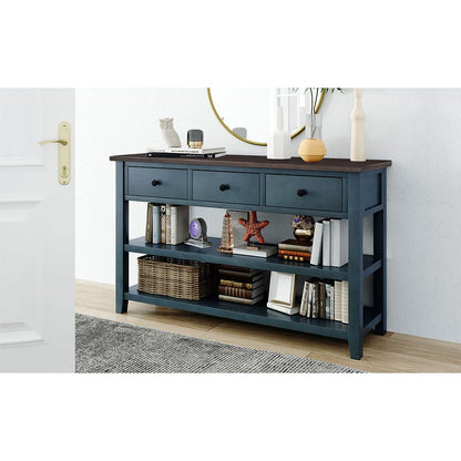 Retro Design Console Table with Two Open Shelves, Pine Solid Wood Frame and Legs for Living Room (Navy) - Streamdale Furniture