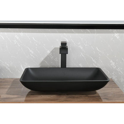 14.38" L -22.25" W -4-3/8 in. H Matte Shell Glass Rectangular Vessel Bathroom Sink in Black with Faucet and Pop-Up Drain in Matte Black