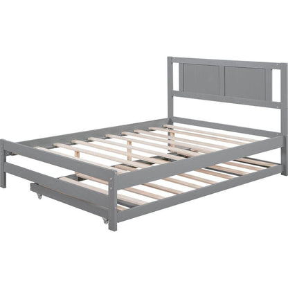 Full Size Platform Bed with Adjustable Trundle, Gray