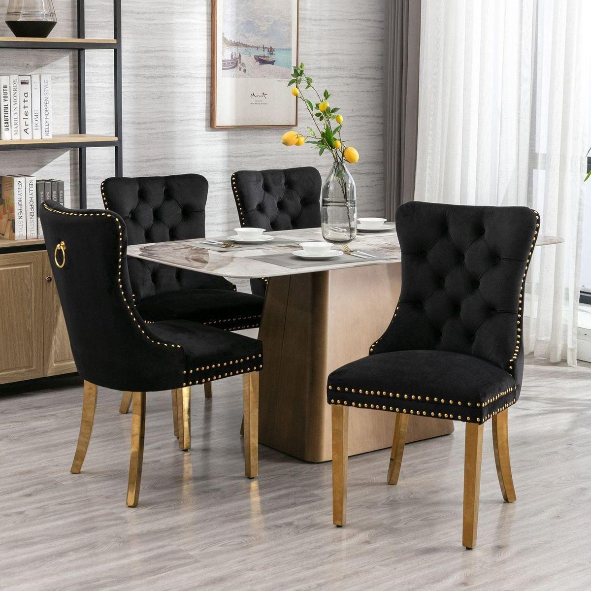 Nikki Collection Modern, High-end Tufted Solid Wood Contemporary Velvet Upholstered Dining Chair with Golden Stainless Steel Plating Legs, Nailhead Trim, Set of 2lack and Gold