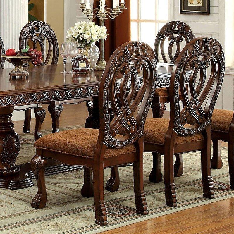 Formal Majestic Traditional Dining Chairs Cherry Solid wood Fabric Seat Intricate Carved Details Set of 2 Side Chairs