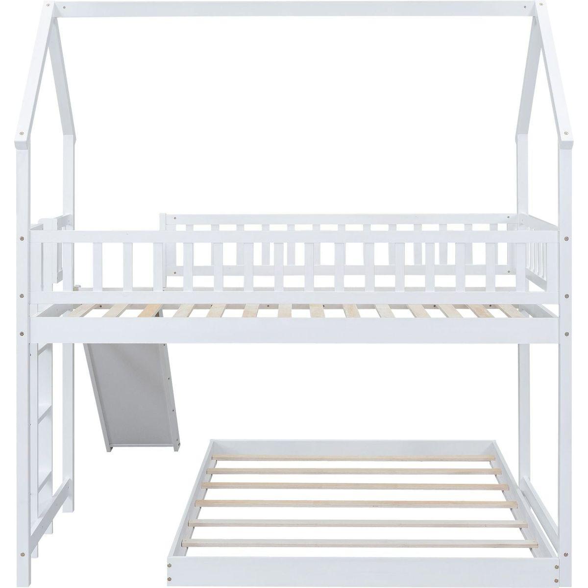 Twin over Full House Bunk Bed with Slide and Built-in Ladder, Full-Length Guardrail, White