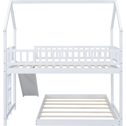 Twin over Full House Bunk Bed with Slide and Built-in Ladder, Full-Length Guardrail, White
